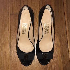 Black patent Ferragamo wedges